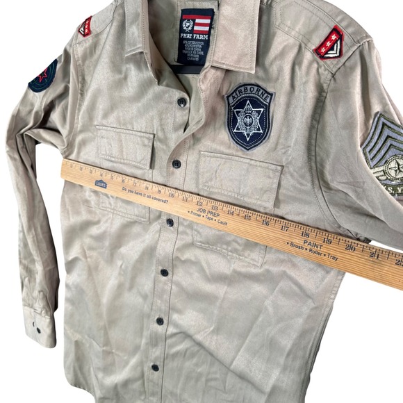 VTG Y2K Phat Farm Mens Tan Military Patch Button Up Shirt Airborne Long Sleeve M - Picture 5 of 8
